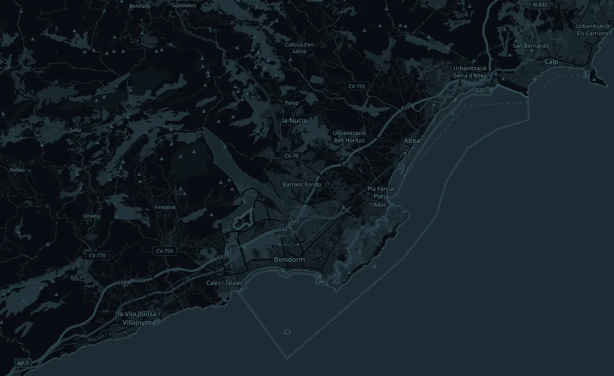 Mapa de la comarca de la Marina Baixa, en Alicante, con la costa entre Villajoyosa y Altea y las sierras del interior